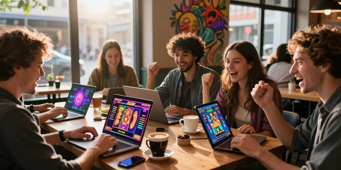 Engaged players enjoying Slot88 games at a stylish cafe, capturing excitement and modern gaming.