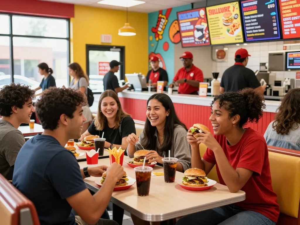 Group of friends enjoying fast food prices at a lively restaurant booth filled with colorful meals.