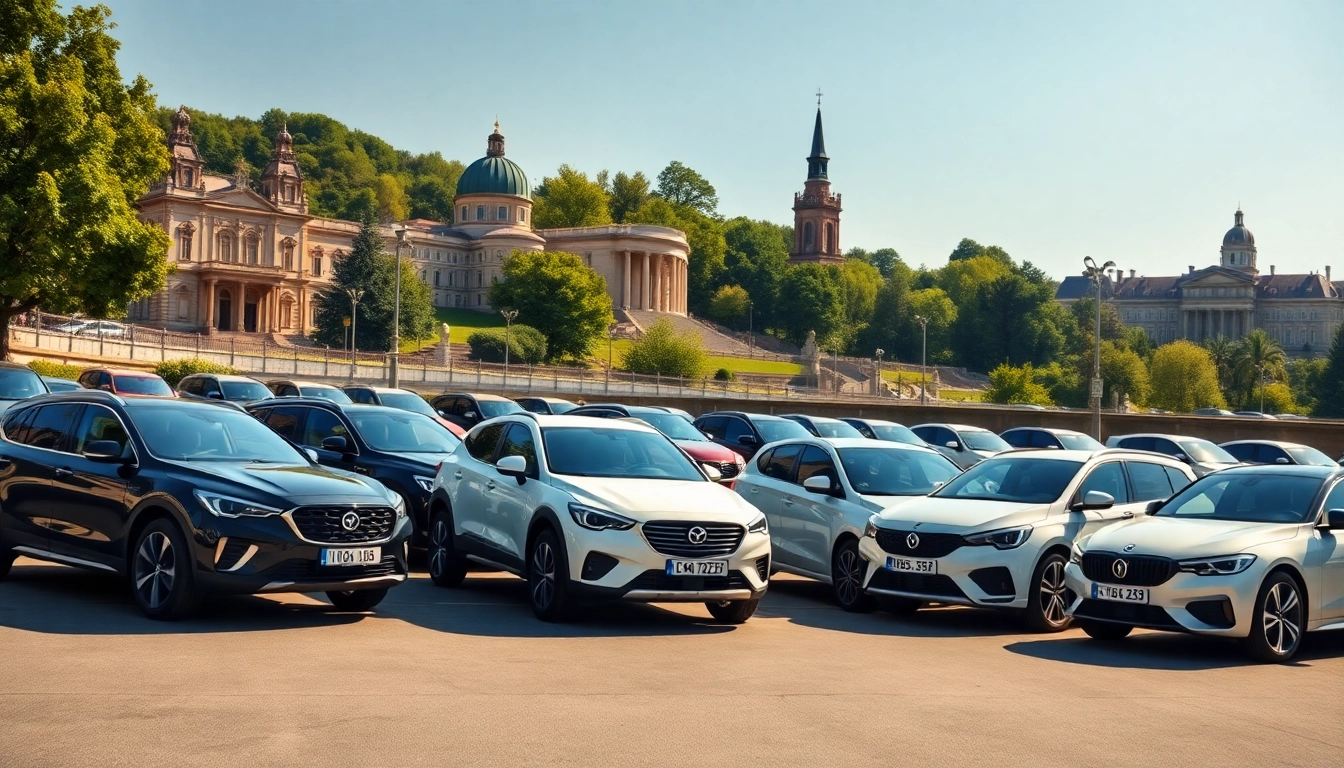 Rent a car Moldova scene with diverse vehicles against Chișinău landmarks.