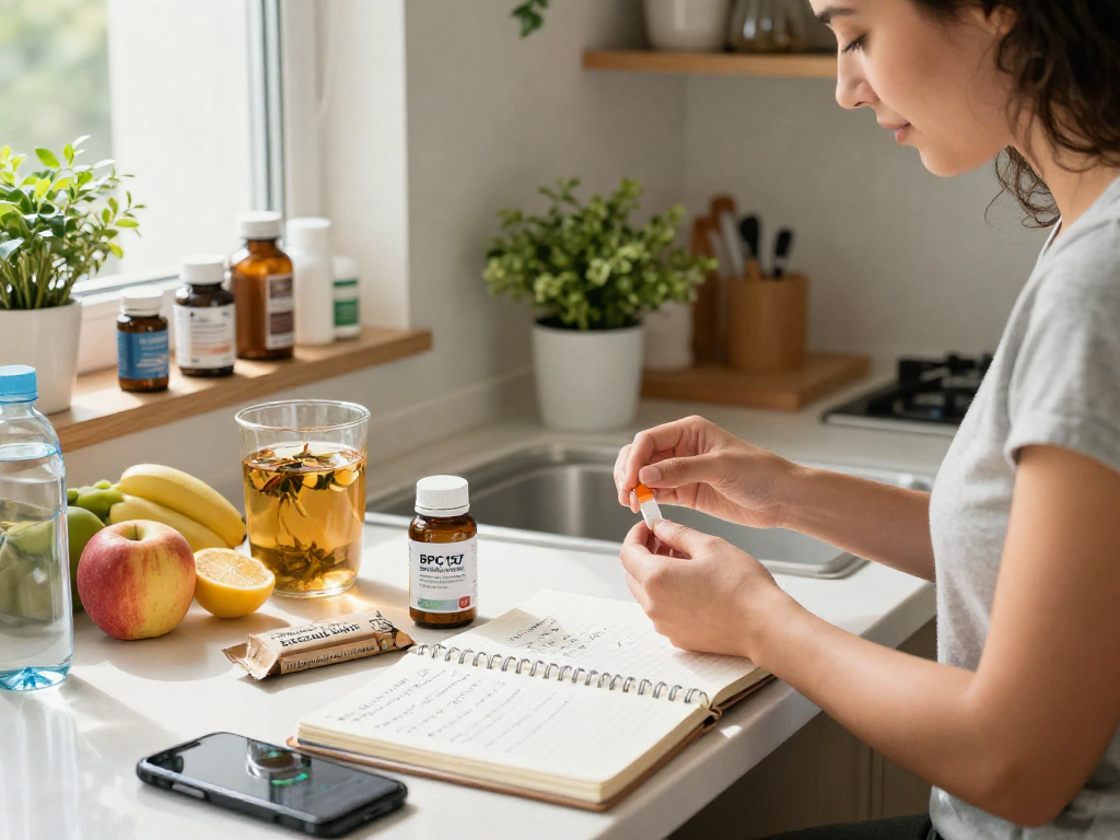 BPC 157 Benefits showcased in a vibrant kitchen with health enthusiast preparing buccal strips and fresh ingredients.