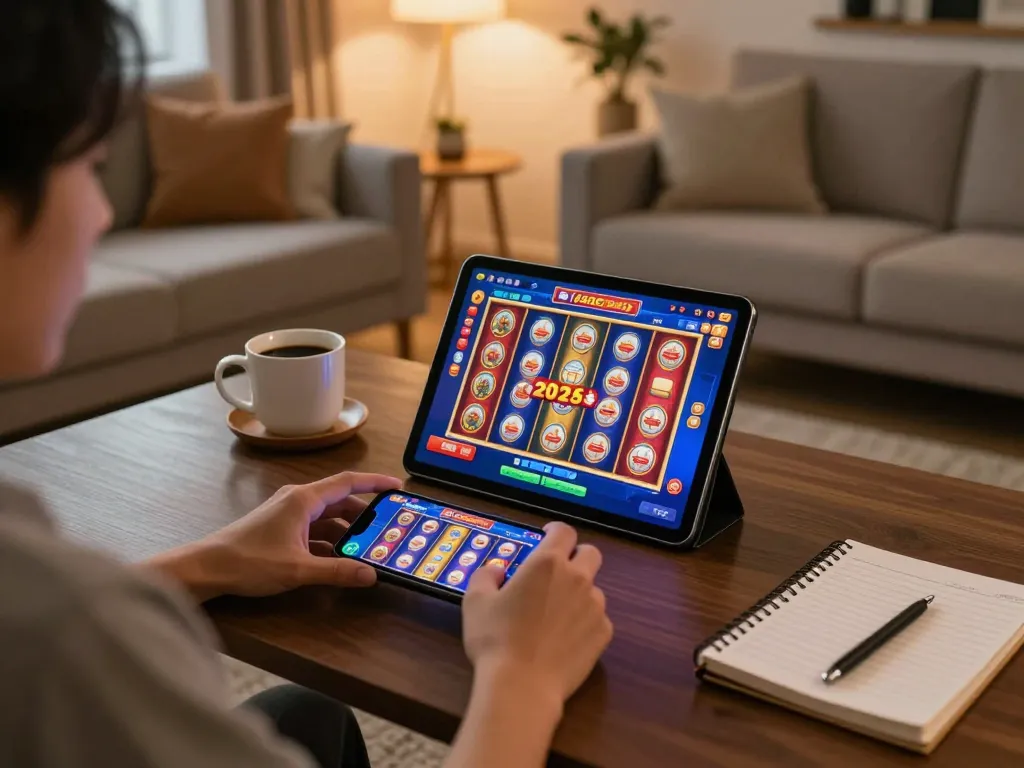 Engaging with slot gacor 2026 gameplay on tablet and smartphone, cozy home setting