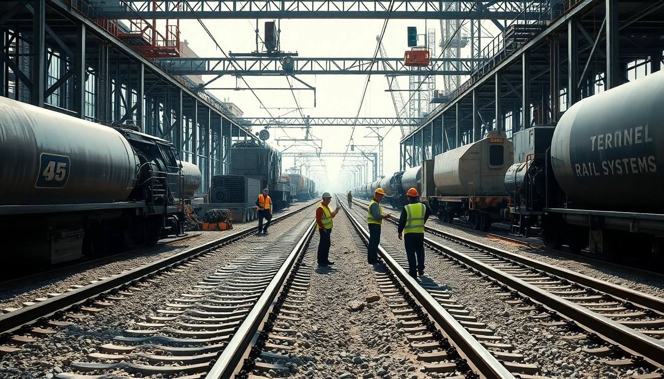 Engineers collaborating at a rail systems company construction site with machinery and train tracks.