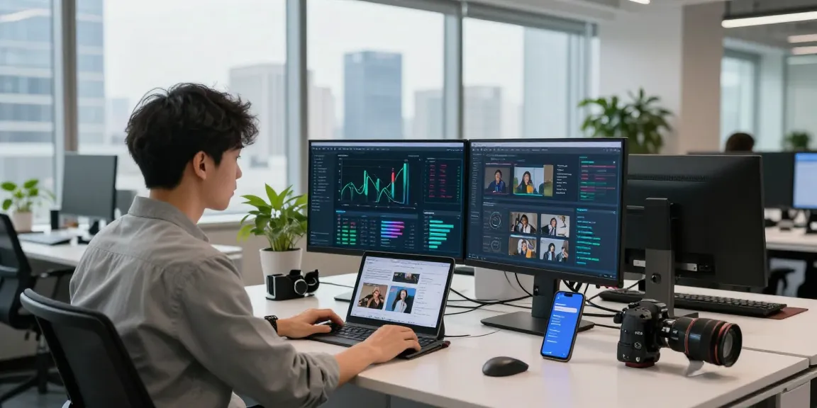 AI detector analytics display in a modern office workspace, showcasing real-time content moderation.