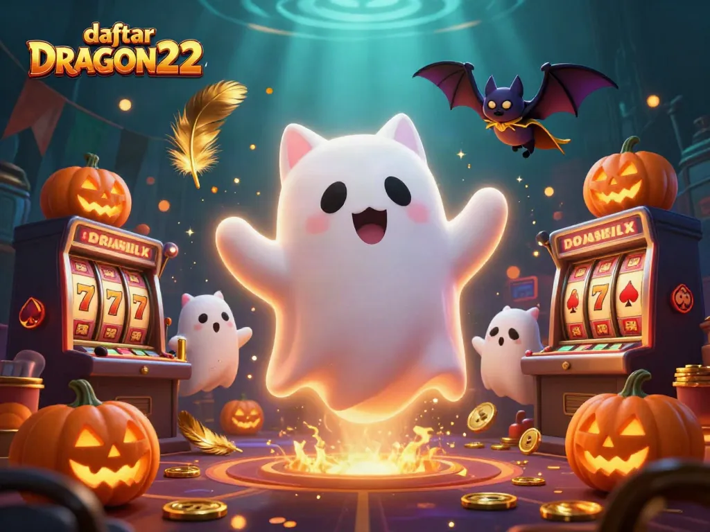 Engage in thrilling slots with daftar DRAGON222, featuring a playful ghost cat in an enchanting casino.