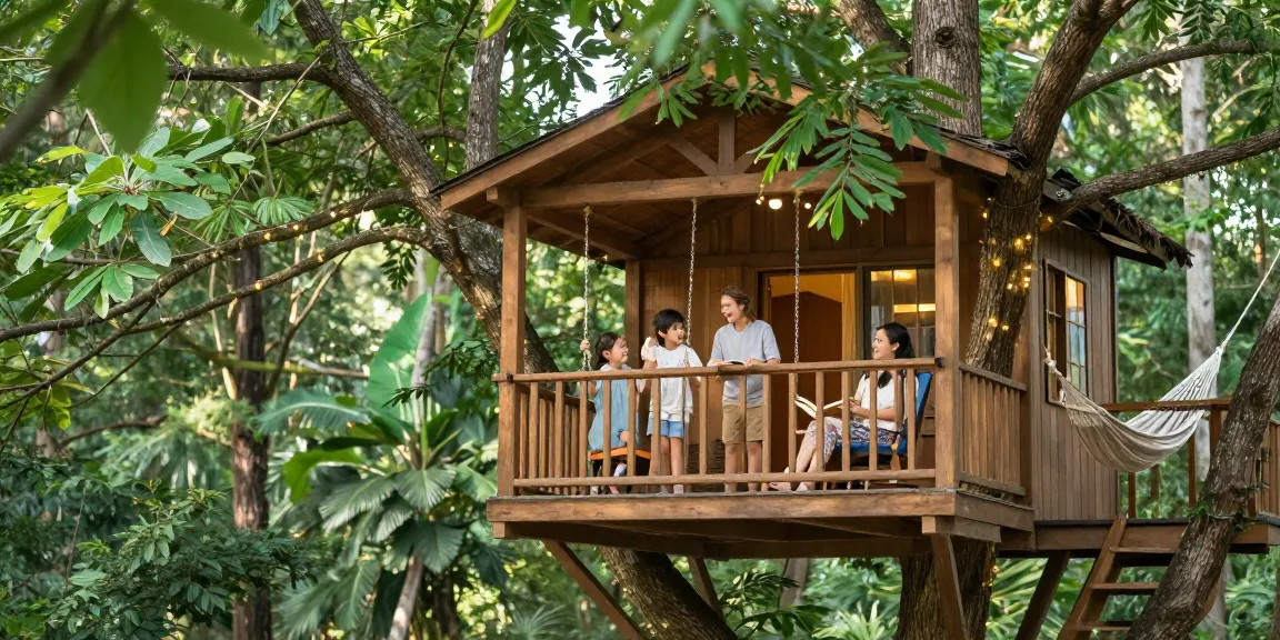 Family enjoying time in a treehouse, reflecting the joy of outdoor living.