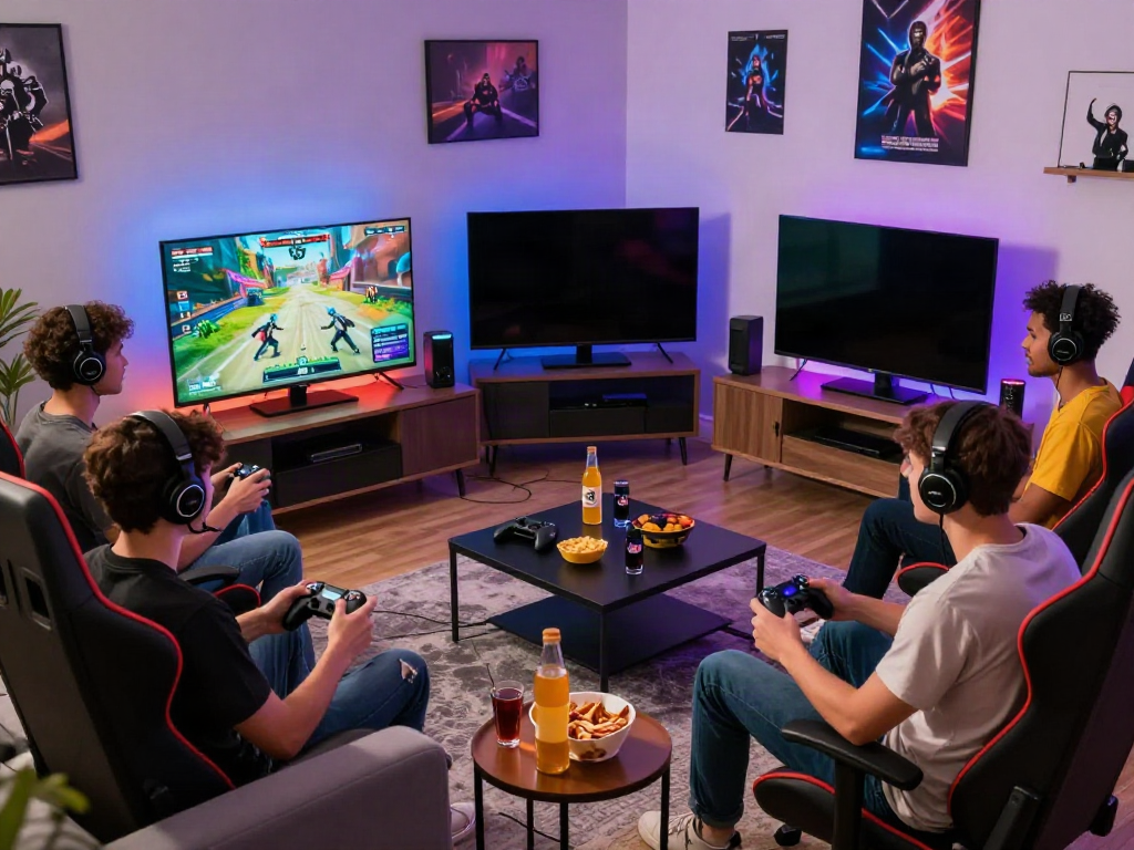 Online gaming friends enjoying ORION88 in a cozy living room with vibrant atmosphere.