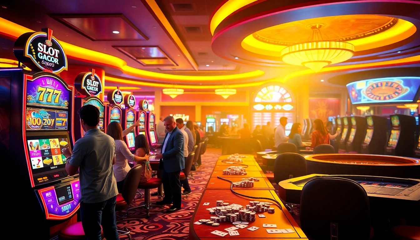 Players enjoying the slot machines with the theme slot gacor 777, showcasing excitement and vibrant casino atmosphere.