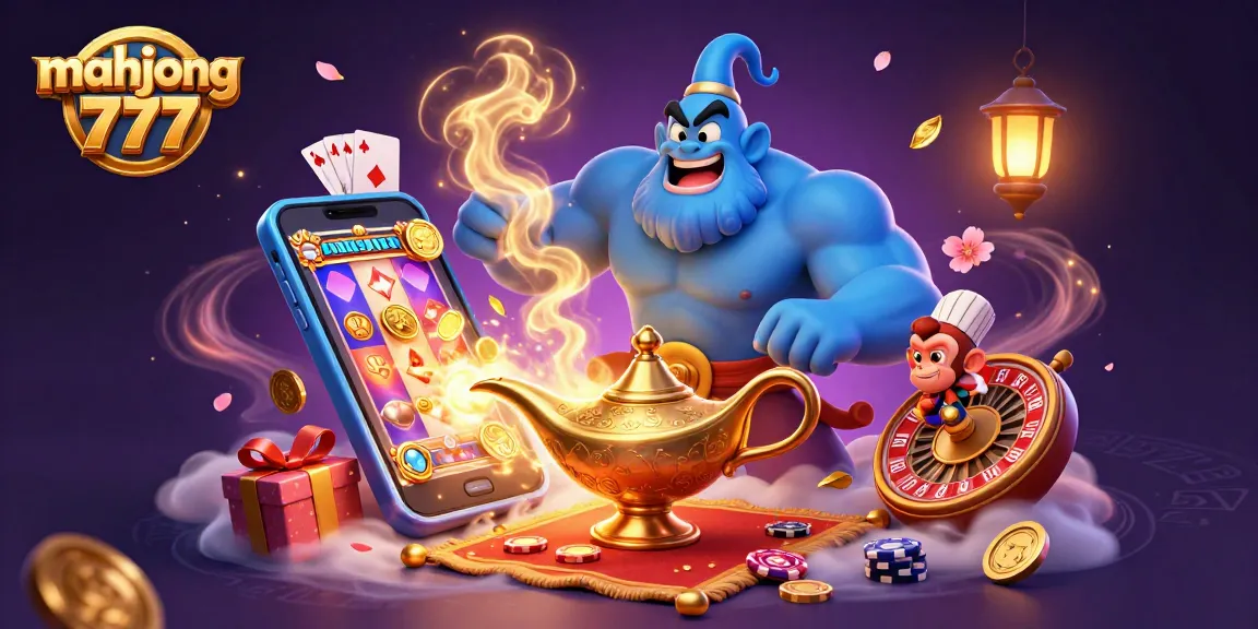 Experience mahjong 777 with a dynamic 3D illustration showing a genie and exciting casino elements.