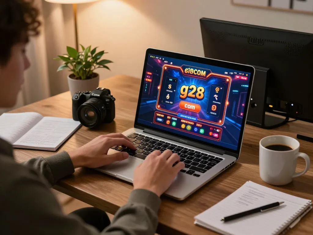 Engaged player using g28 com casino interface on laptop, surrounded by betting strategy notes and coffee.