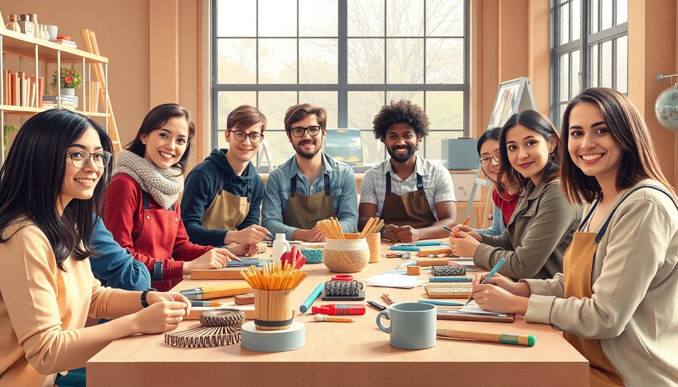Young adults collaborating in a craft trainee program, showcasing creativity and teamwork.