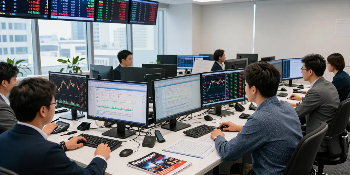 Trader analyzing the oil price live chart with colleagues in a modern financial office, reflecting dynamic market activity.
