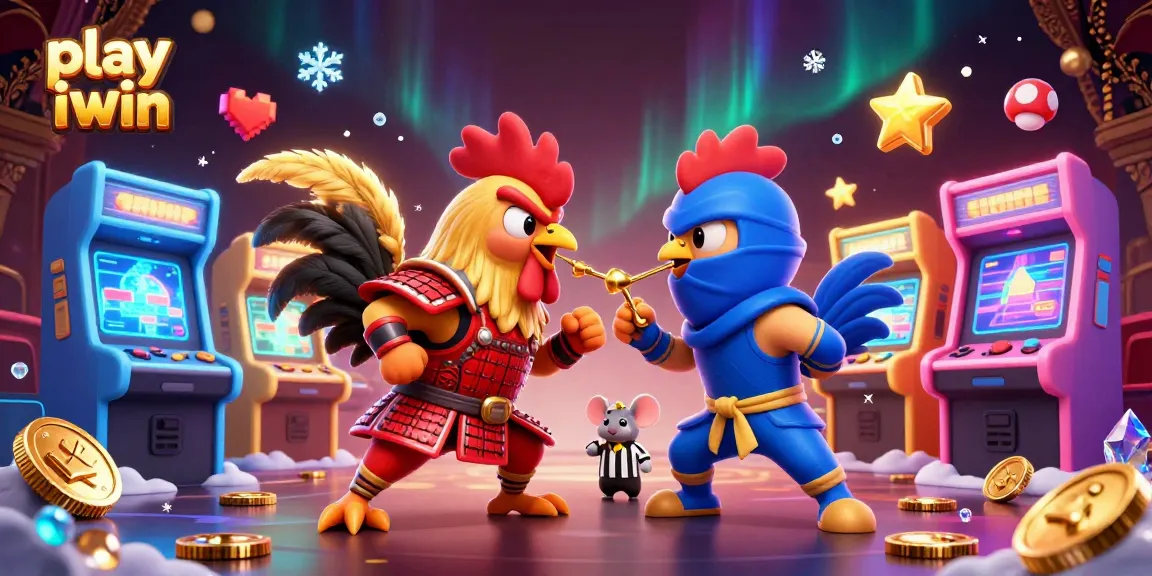 Play iwin with engaging 3D cartoon roosters in a standoff, featuring vibrant casino elements.