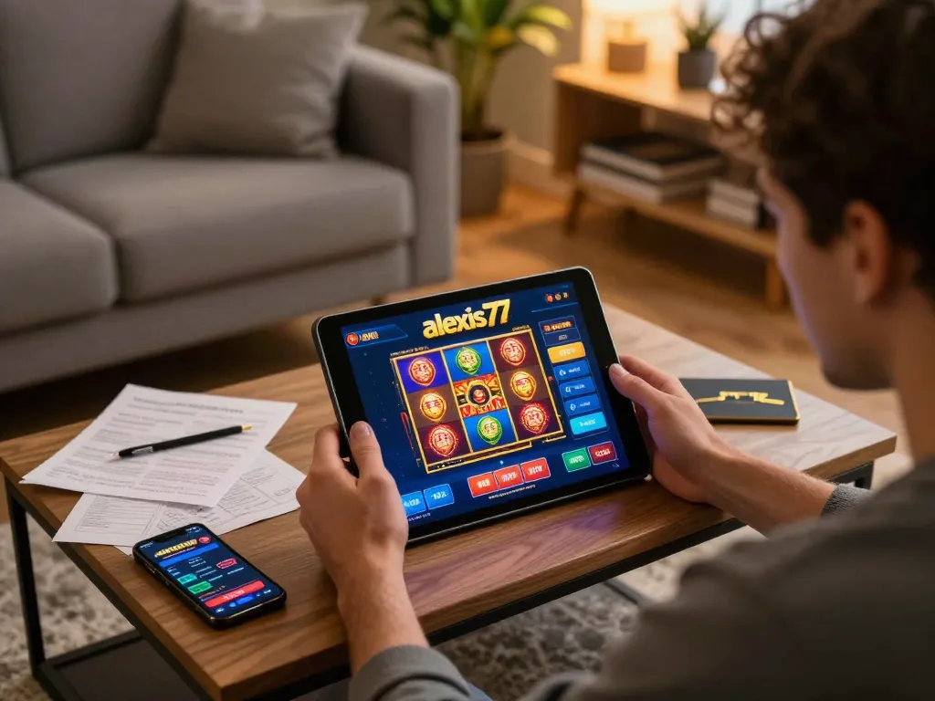 Engaging scene of a player using the alexis77 casino app on a tablet, showcasing strategic online gaming.