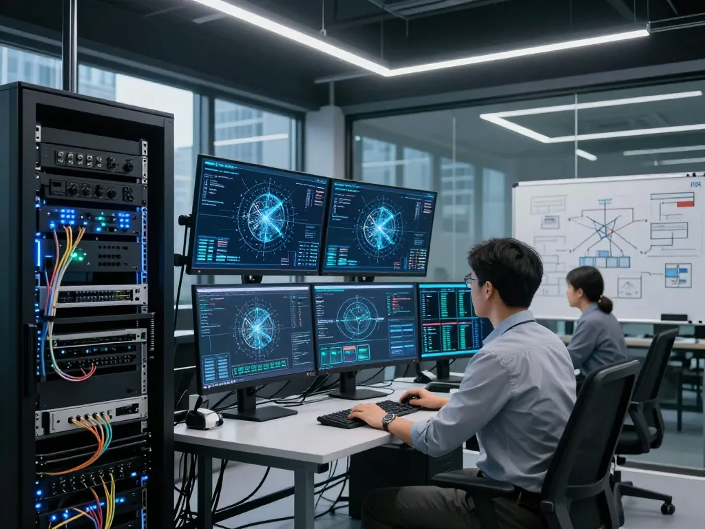 快连 enhancing network connectivity in a modern server room with advanced technology.
