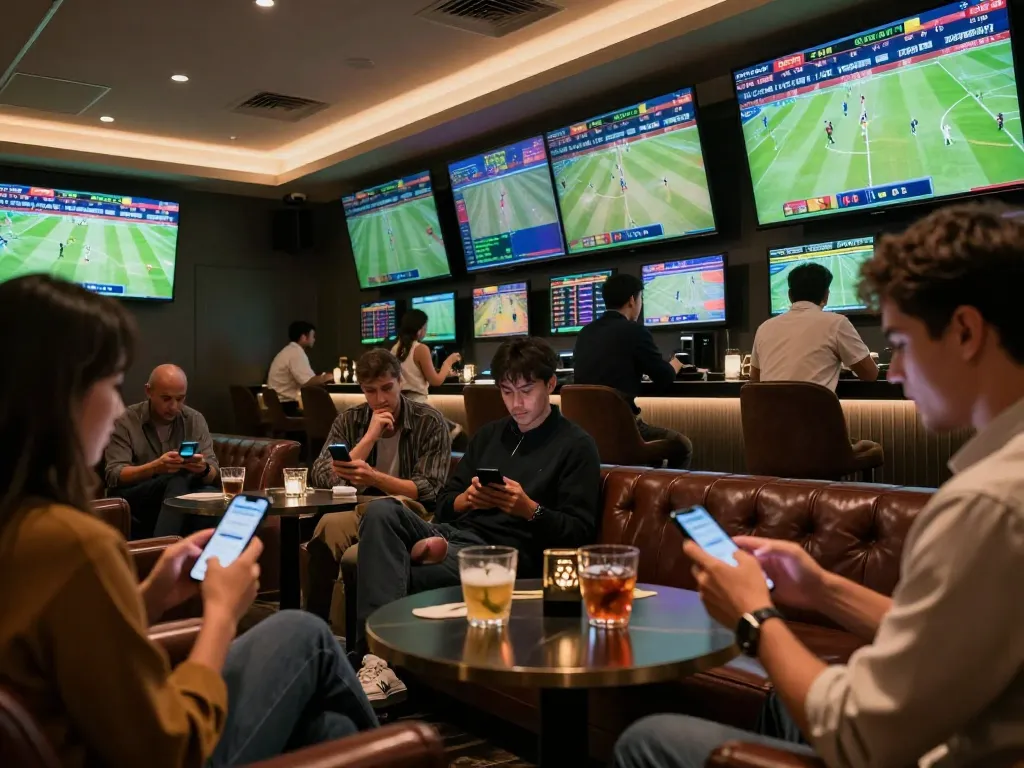 Engaged bettors using sc888 app in a stylish sports betting lounge with screens showing live games.