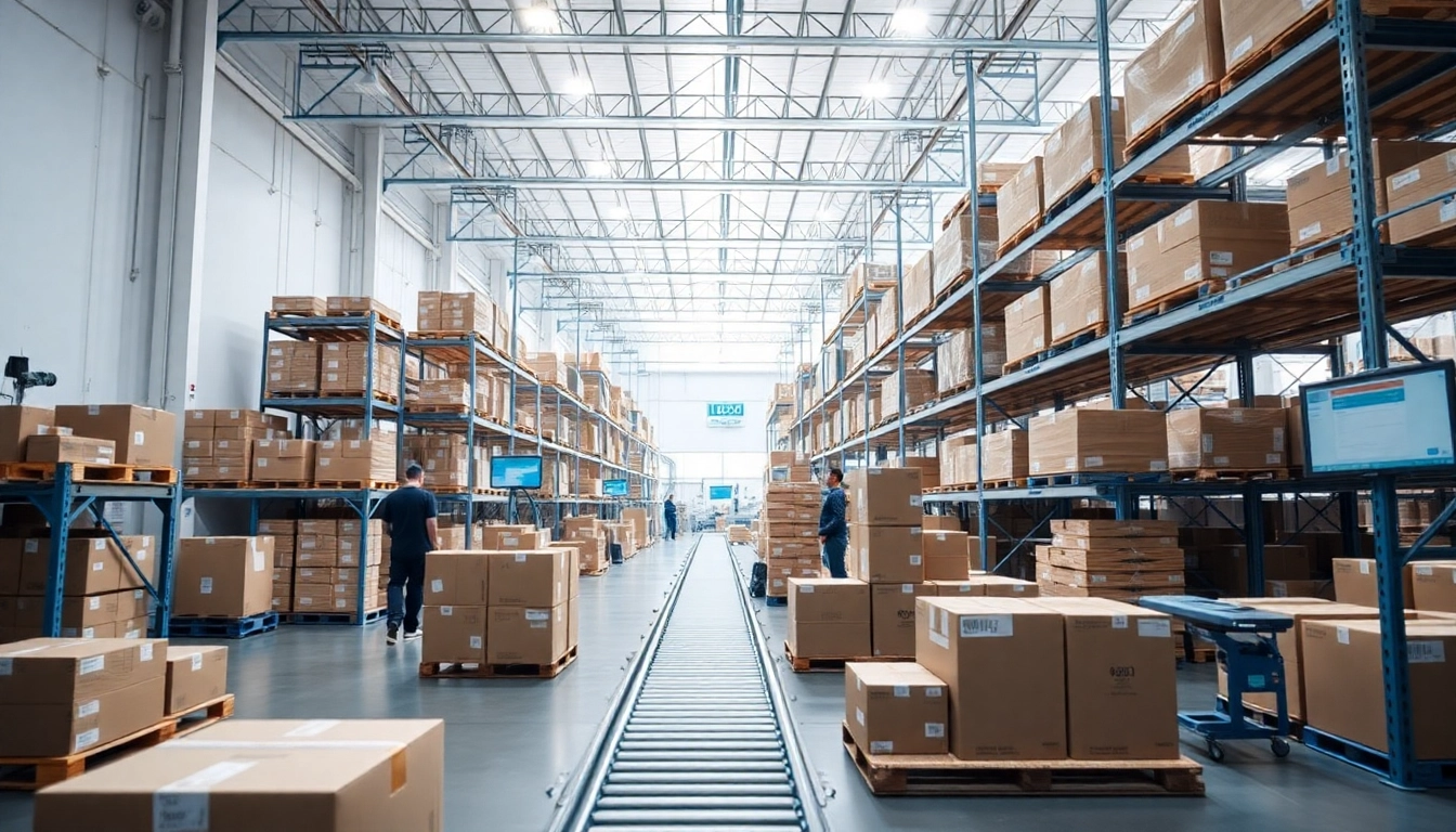 Efficient 3PL logistics operations in a bright warehouse setting with organized inventory.