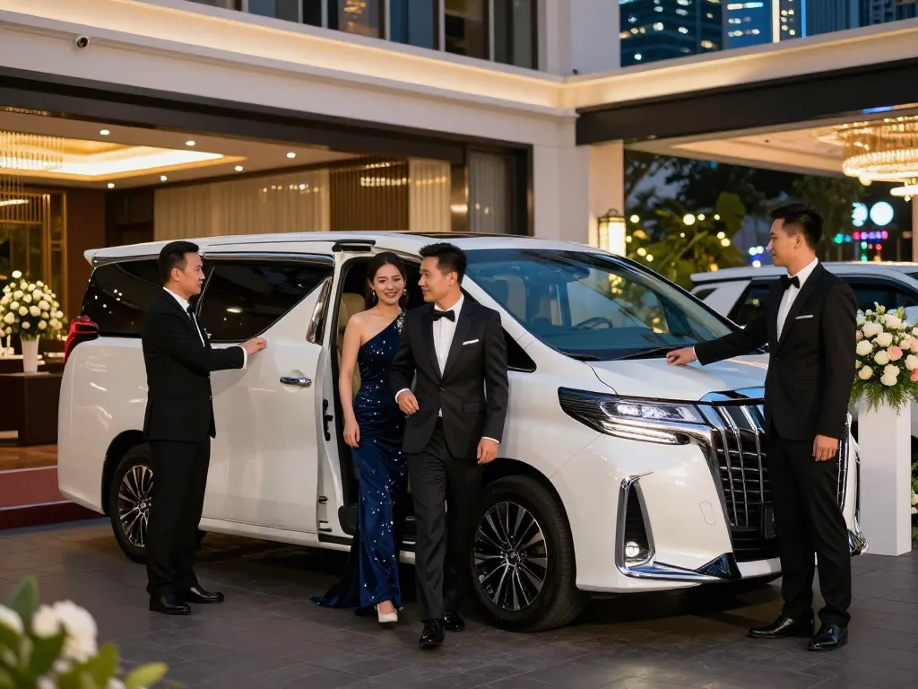 Trải nghiệm sự sang trọng với thuê xe Alphard tại Hồ Chí Minh, một cặp đôi đến một sự kiện cao cấp.