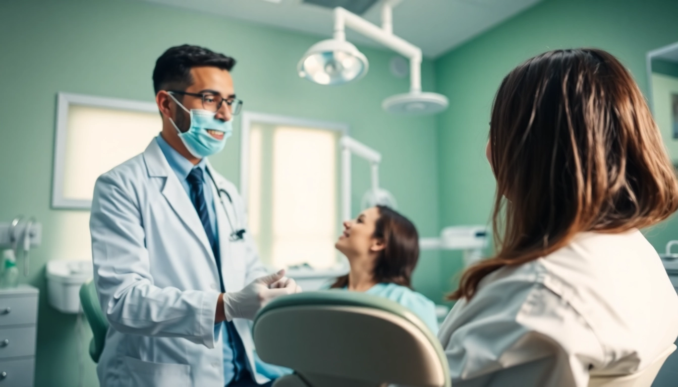 Dentist in Manhattan IL providing a patient consultation in a high-tech clinic setup.