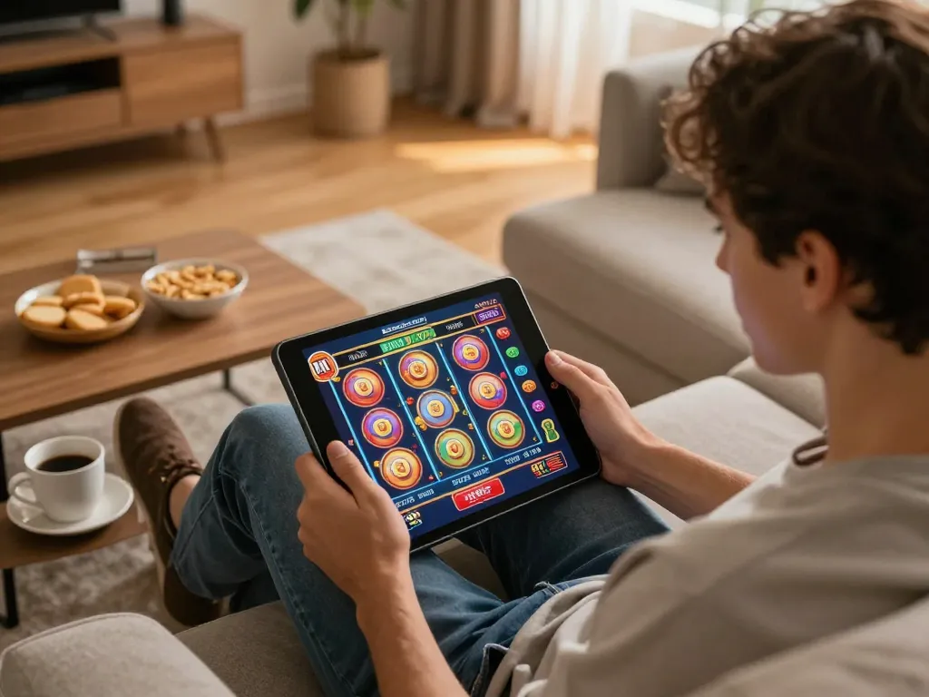 Engaging in online casino gaming at home with okwin, enjoying colorful slot machine action.