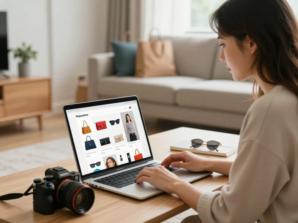 Shopping on a stylish 레플리카 쇼핑몰 site, surrounded by trendy accessories in a cozy living room.