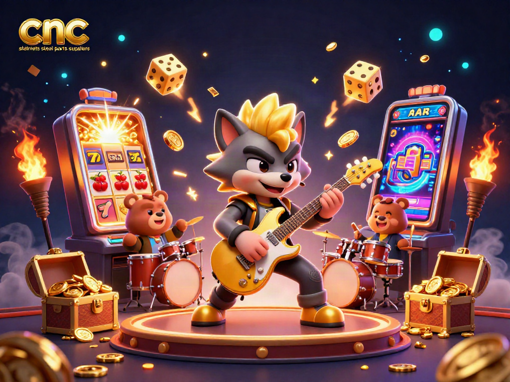 CNC stainless steel parts suppliers showcase thrilling casino action with a rock star wolf and drummer bear.