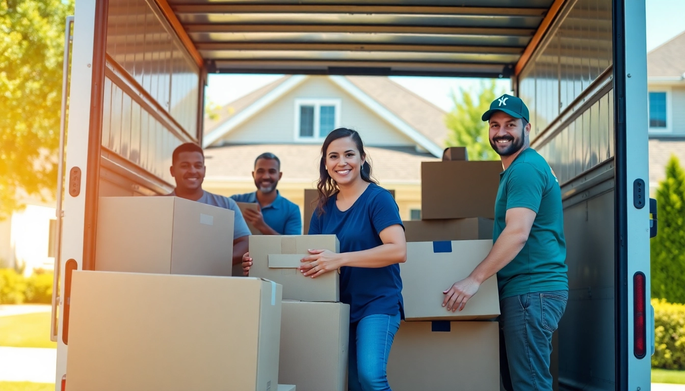 Efficient moving companies edmonton team loading boxes onto a truck in a sunny residential area.