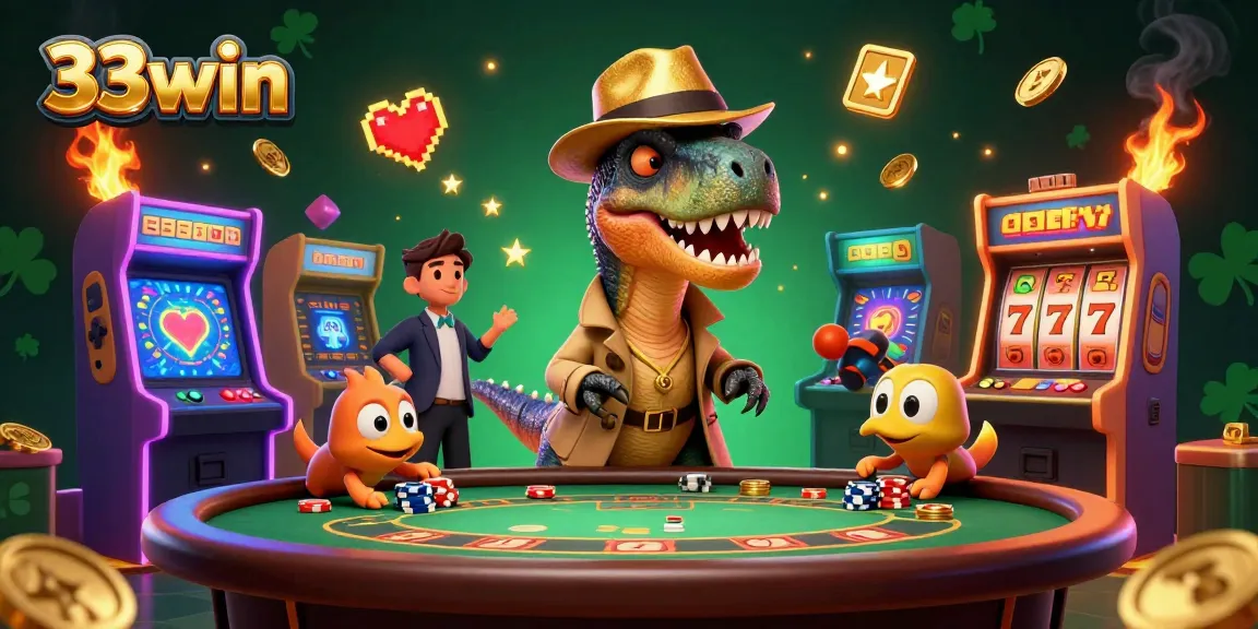 33win showcases a playful velociraptor card counter at a blackjack table amidst vibrant casino-themed elements, enriching the gaming experience.