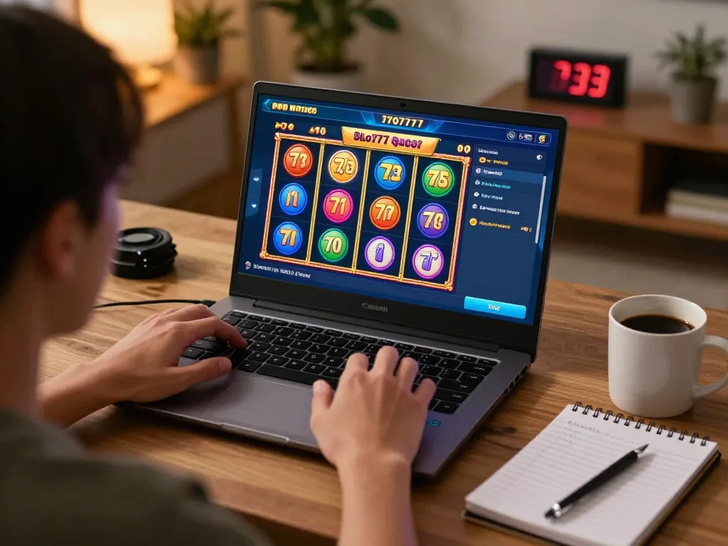 Playing slot777 gacor on a laptop in a cozy home environment with vibrant graphics