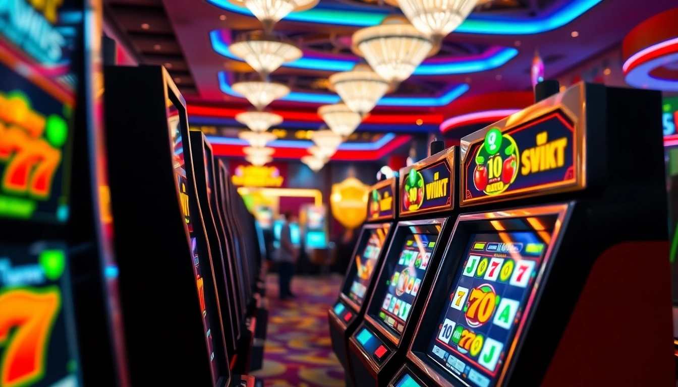 Permainan slot777 yang menarik dengan mesin slot berwarna-warni dan suasana kasino yang meriah.