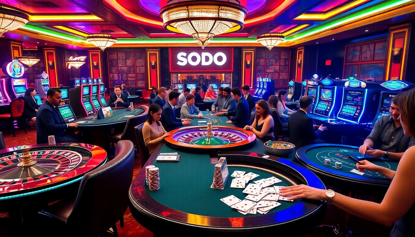 SODO CASINO showcases an exciting atmosphere with poker tables, roulette action, and vibrant slot machines.