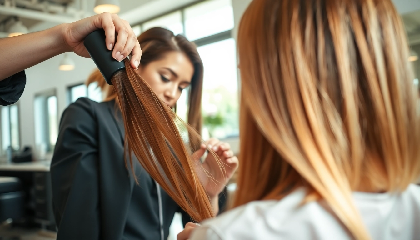 Expert hairstylist at salon coafura craiova applies stylish haircut and color techniques.