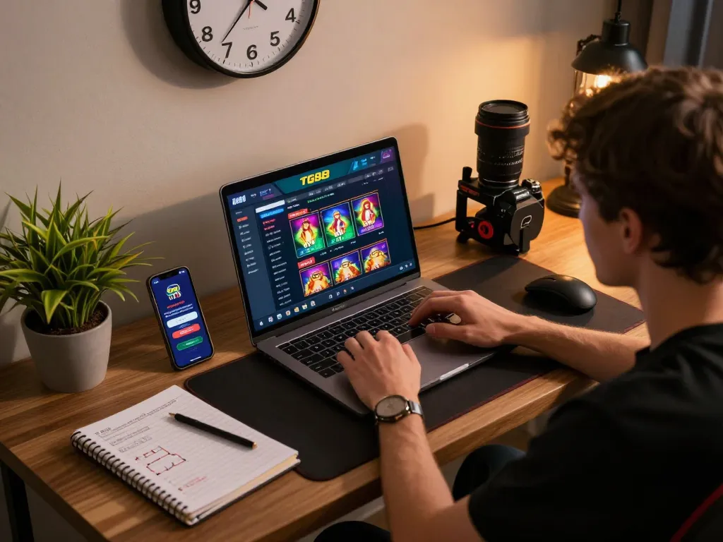 TG88 online gaming session featuring a laptop and smartphone in a cozy room, emphasizing strategic gameplay.