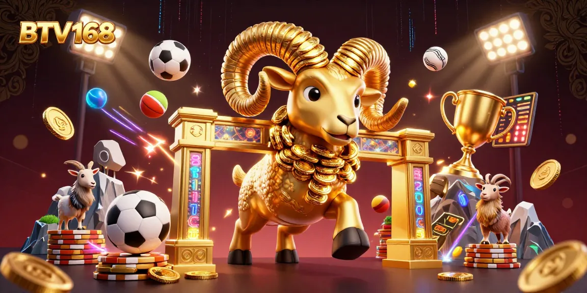 BTV168 showcases an exciting gaming scene with a golden ram charging at a gate amid sports elements.