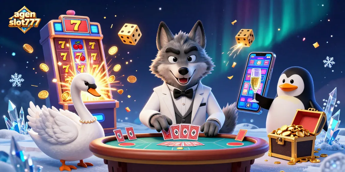 Experience thrilling gameplay with agen slot777 featuring a wolf at a baccarat table surrounded by slot machine excitement.