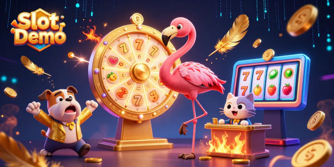 Exciting Slot Demo scene with animated characters spinning wheels and gold coins flying.