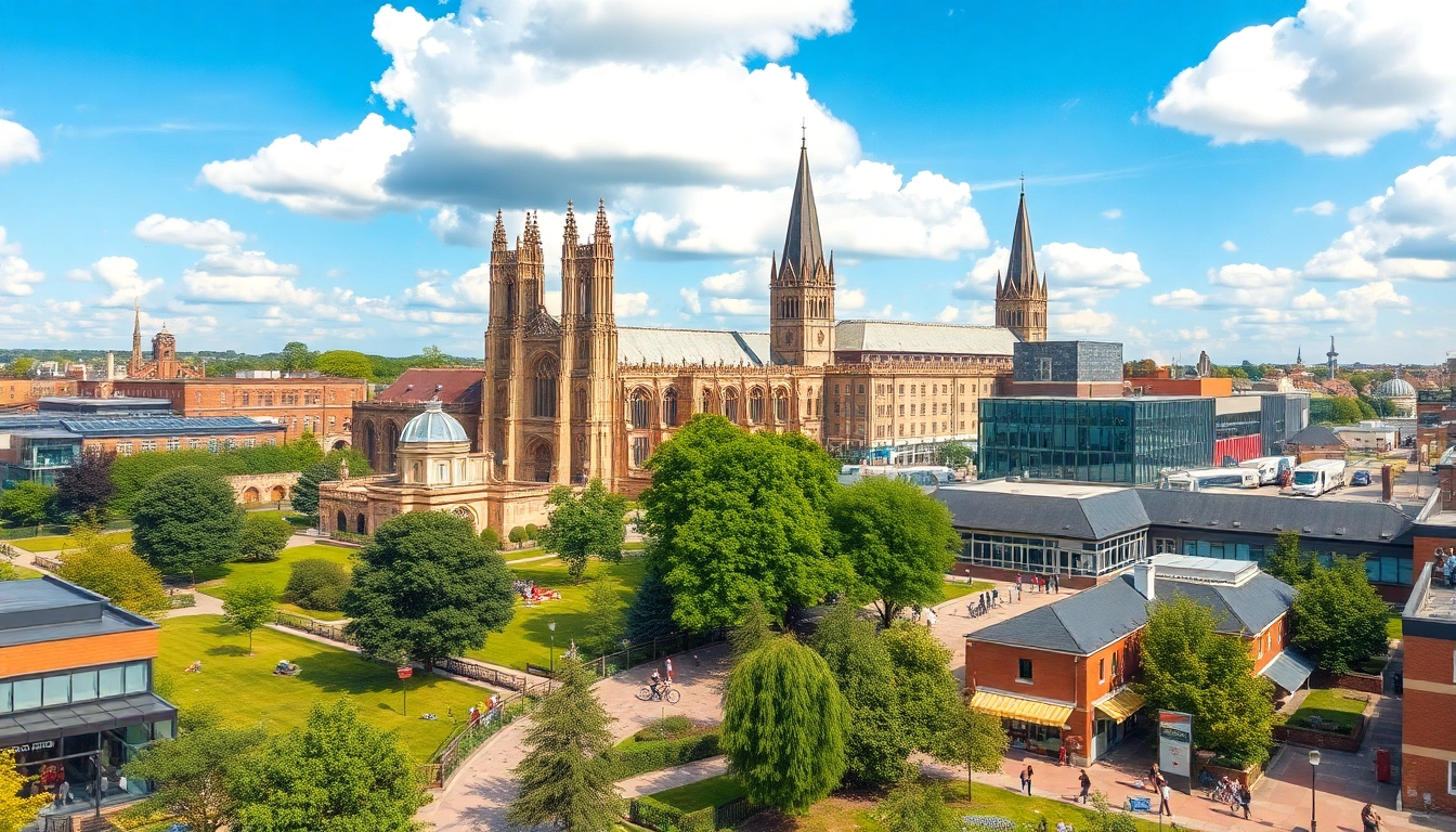 Aerial view of Coventry showcasing historical and modern sites, including the iconic Coventry Cathedral, parks, and vibrant street art, from https://coventryhub.co.uk/top-10-must-visit-places-in-coven