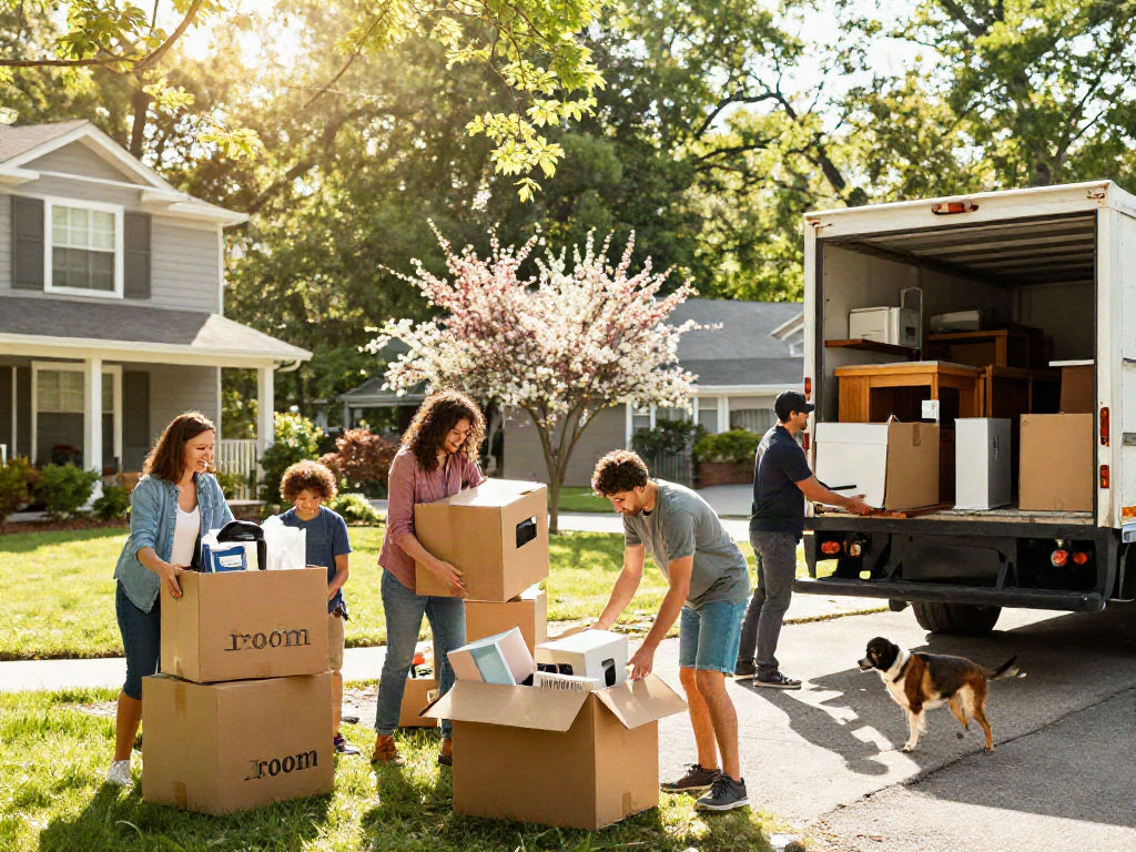 Professional movers assisting a family in Asheville with joyful packing and loading of boxes into a moving truck.