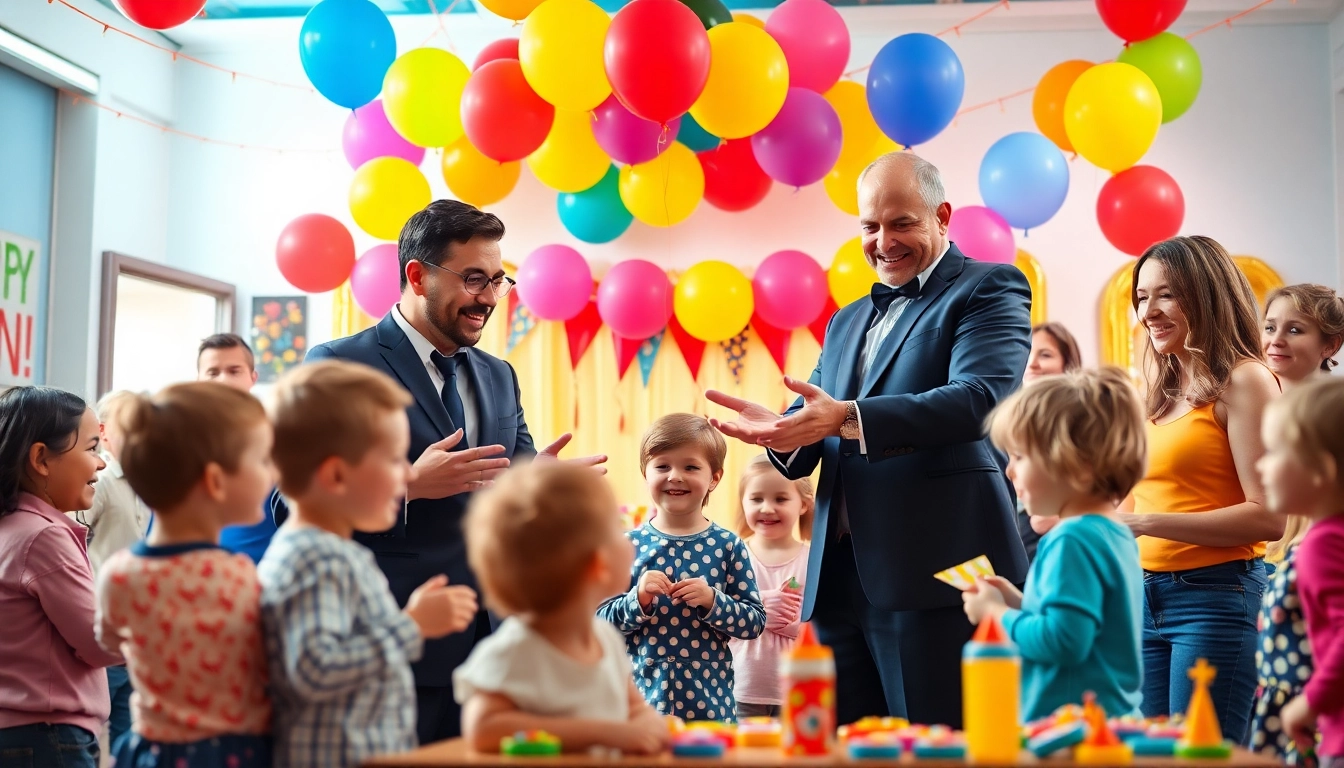 Engaging birthday party entertainers captivating children during an energetic celebration.