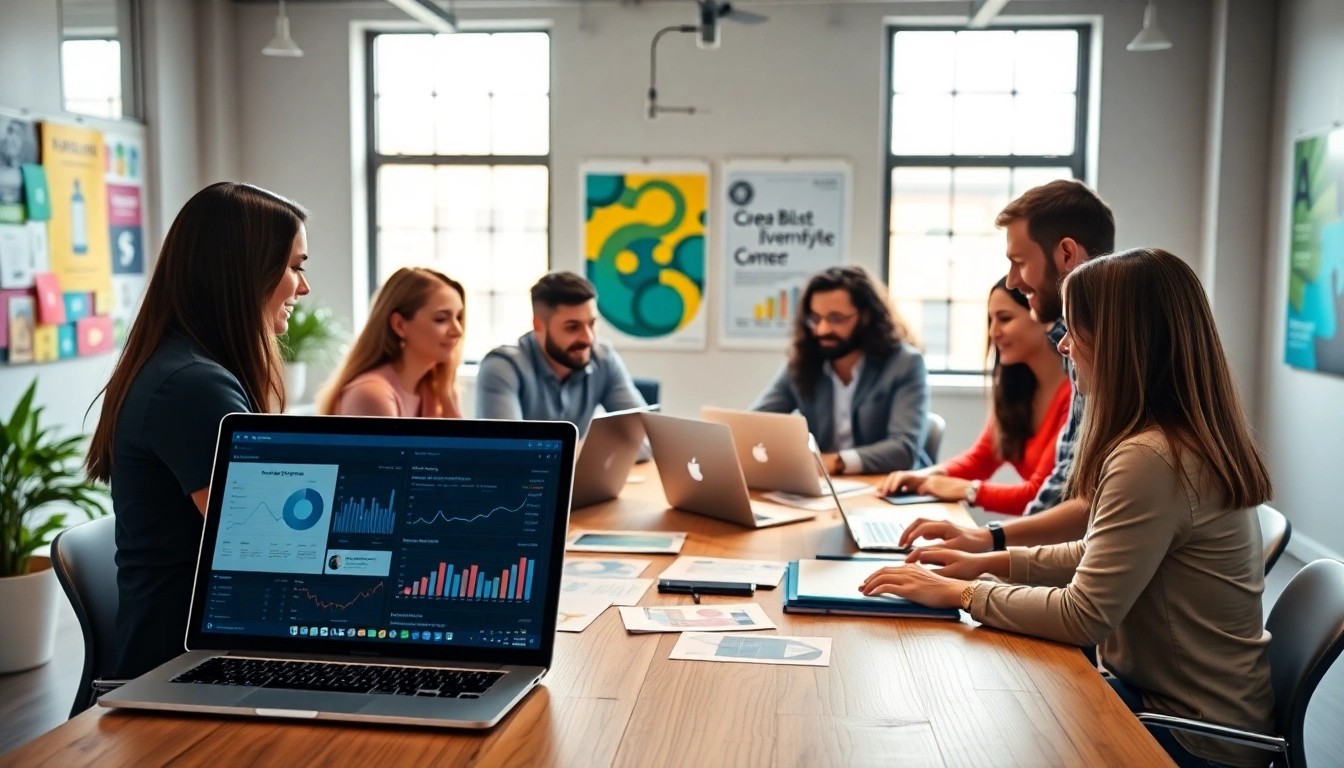 Team collaboration at a social media agency, showcasing creativity and strategic planning.
