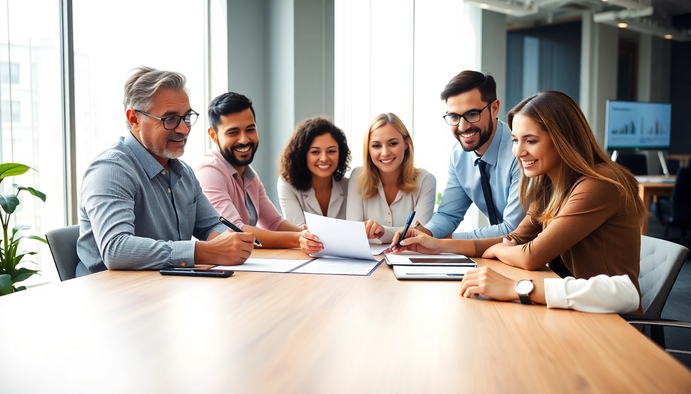 Collaborative professionals engaging in contracts and grants signing at a modern office.
