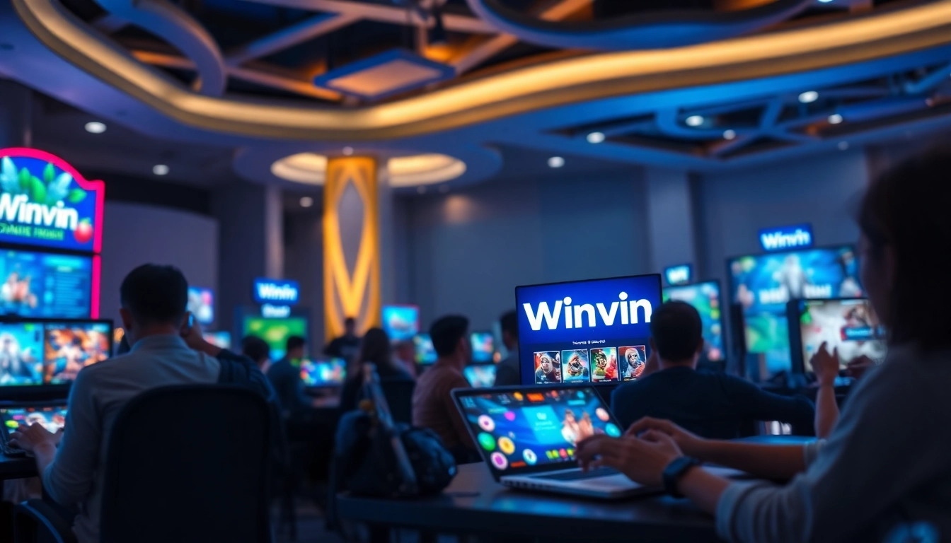 Đăng nhập Winvn interface showcasing a modern online gaming platform with users interacting on various devices.
