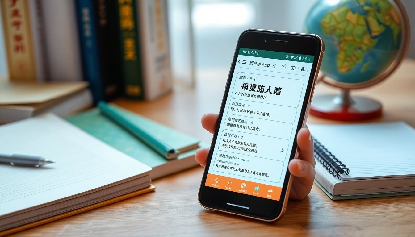 Interactive 有道翻译 app interface on a smartphone surrounded by language learning tools.