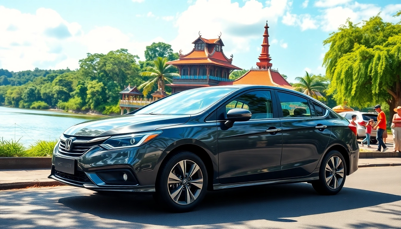 Car hire in Kuching with a sleek rental car by the Sarawak River, showcasing the region's vibrant culture.