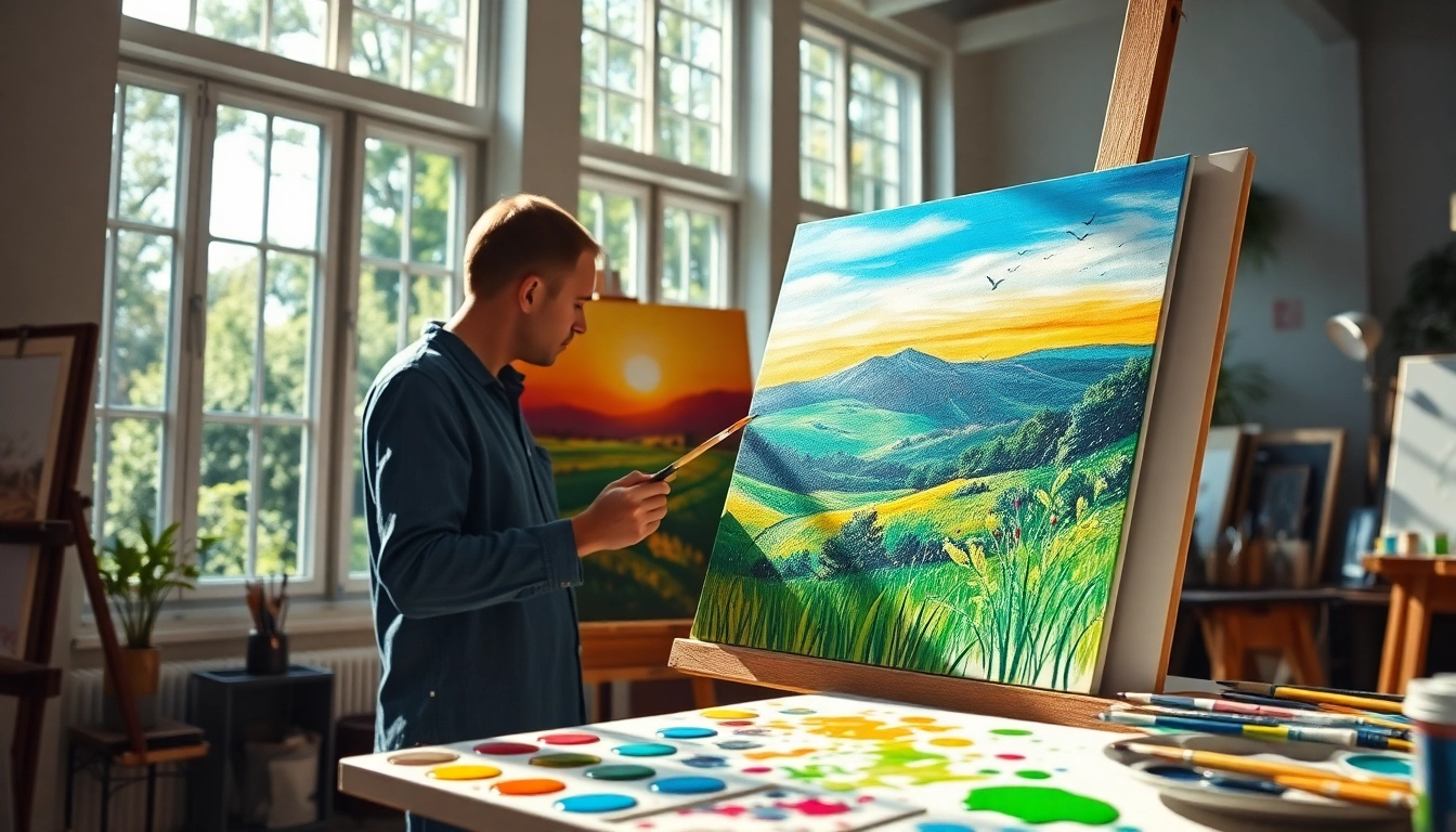 Artist engaged in painting a colorful landscape in a bright studio, illustrating creativity.