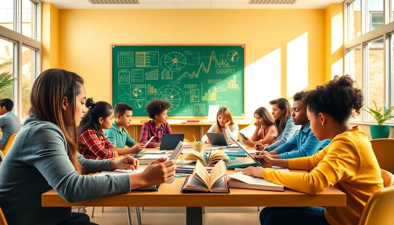 Engaging Education session with diverse students actively collaborating in a bright classroom.