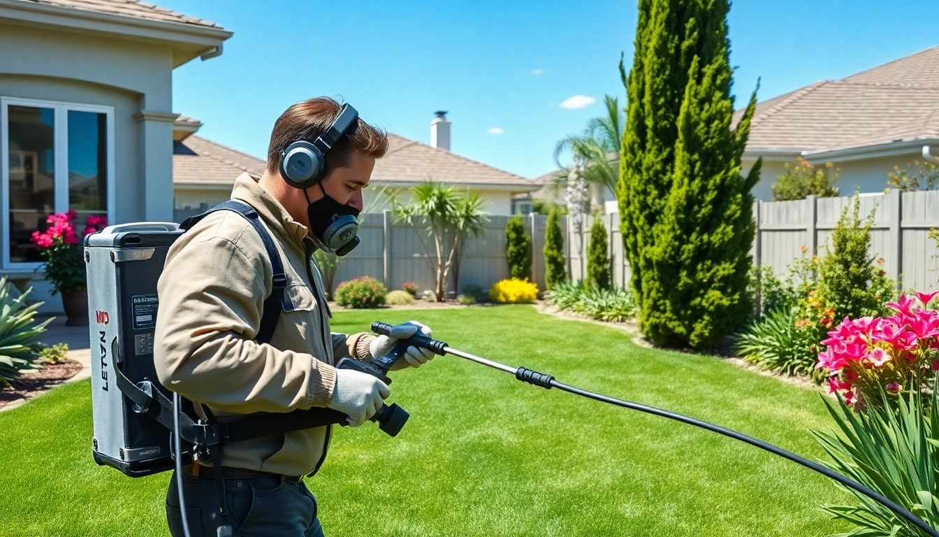 Apply quarterly bug treatment by a technician in a lush backyard setting.