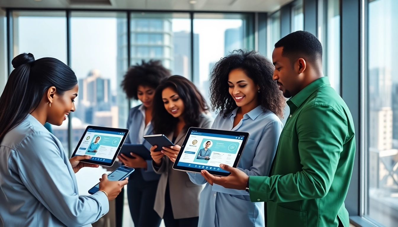 Employees engaging with an enterprise assistant in a modern office setting.