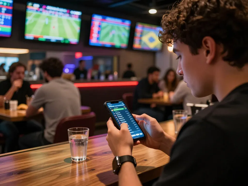 SBOBET NET88 user engaging with live sports betting odds at a modern sports bar, showcasing excitement and strategy.