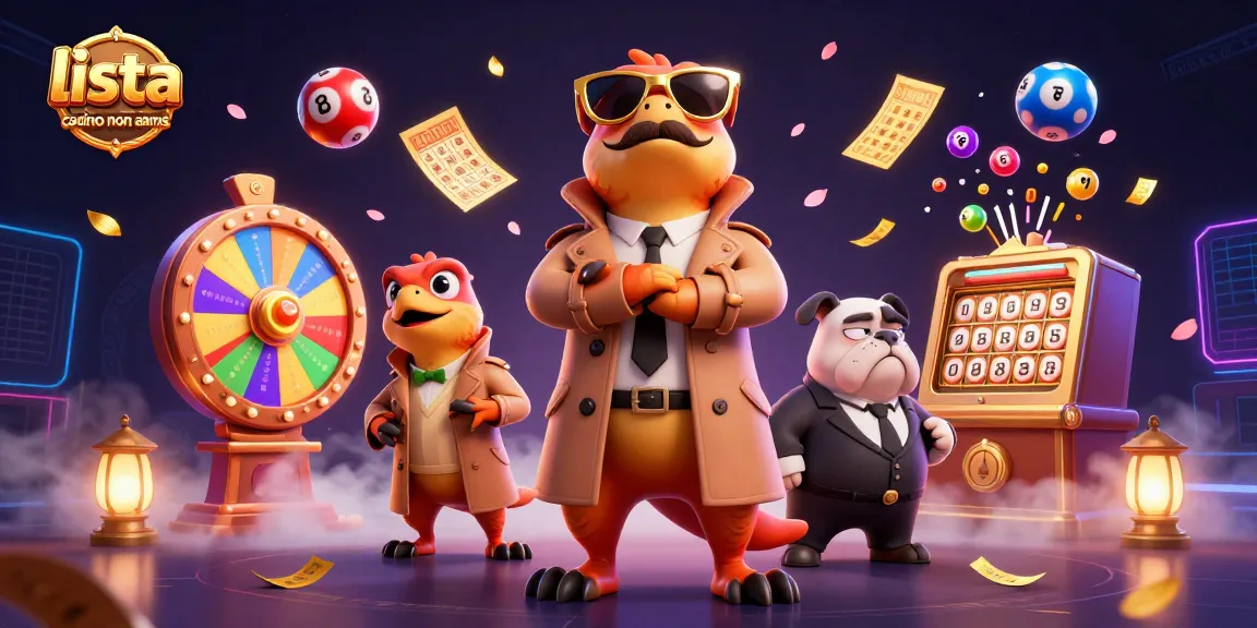 Esplora la lista casino non aams con tre rapaci in un trench coat e un bulldog buttafuori, circondati da palline della lotteria e biglietti d'oro.