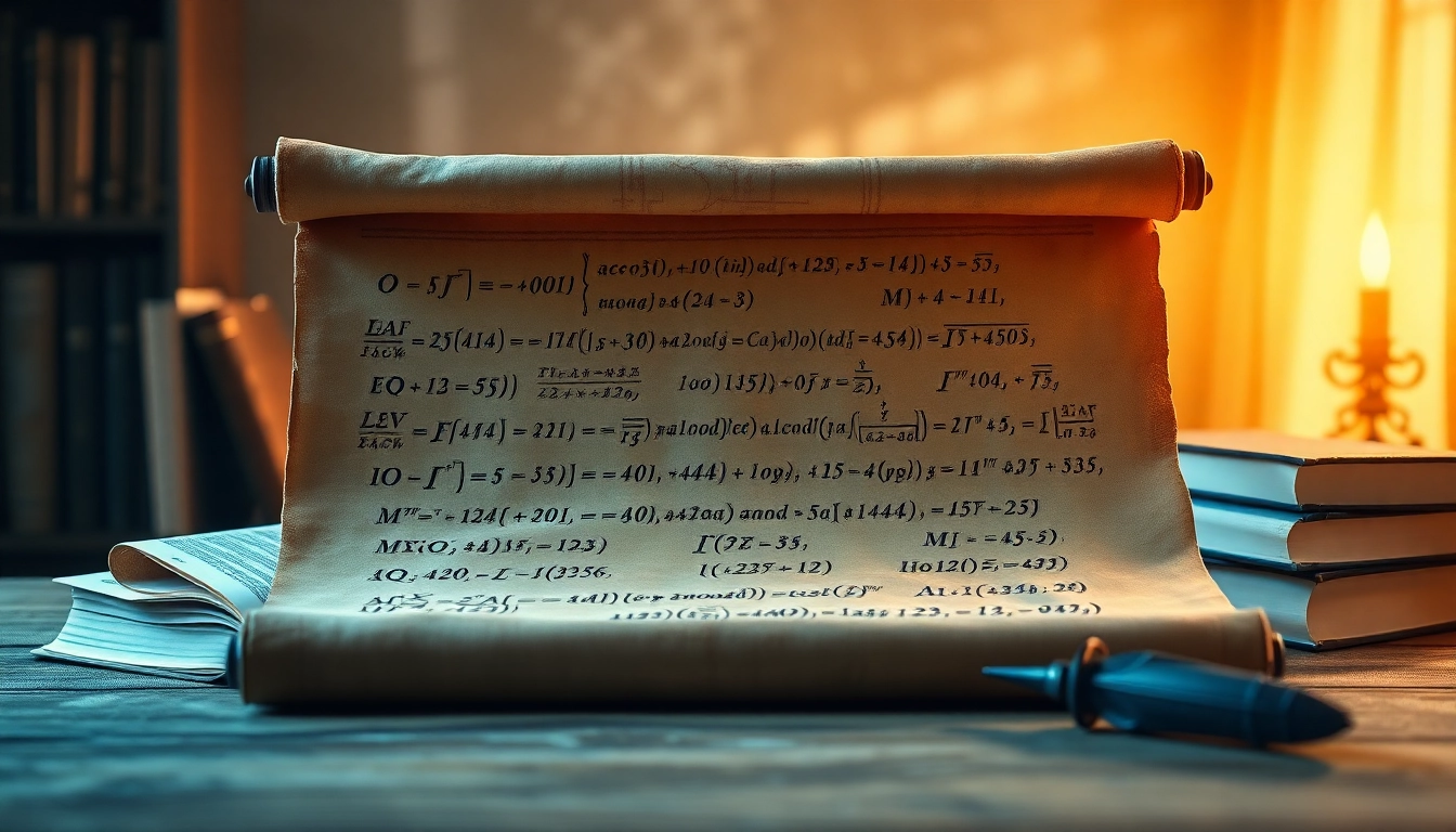Illustration depicting algorithm etymology represented by an ancient scroll with mathematical equations.